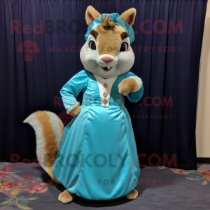 Turquoise Squirrel mascot costume character dressed with a Ball Gown and Pocket squares