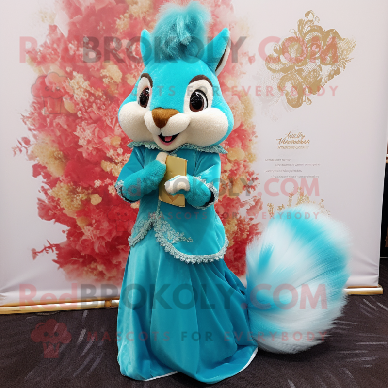 Turquoise Squirrel mascot costume character dressed with a Ball Gown and Pocket squares