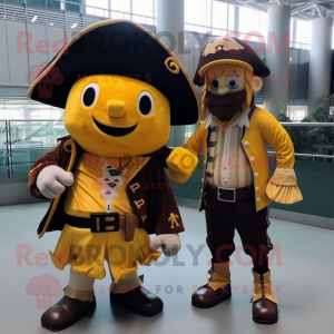 Gold Pirate mascot costume character dressed with a Baseball Tee and Smartwatches
