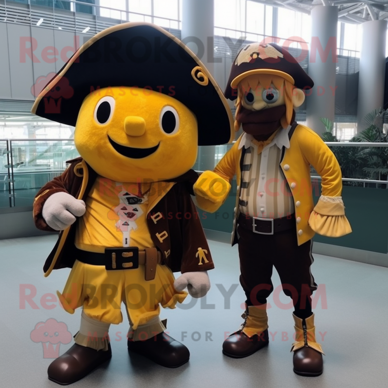 Gold Pirate mascot costume character dressed with a Baseball Tee and Smartwatches Gold Pirate mascot costume character dressed with a Baseball Tee and Smartwatches