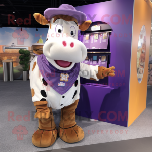 Purple Hereford Cow mascot costume character dressed with a Cargo Shorts and Coin purses
