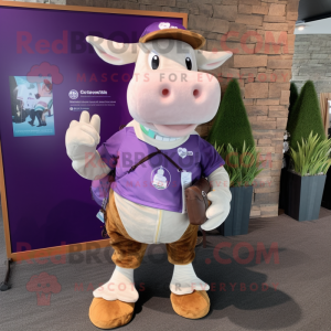 Purple Hereford Cow mascot costume character dressed with a Cargo Shorts and Coin purses