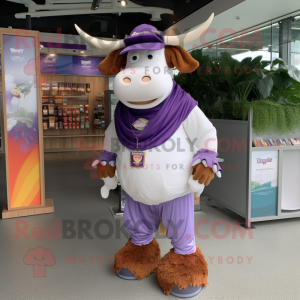 Purple Hereford Cow mascot costume character dressed with a Cargo Shorts and Coin purses