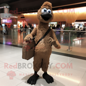Brown Ostrich mascot costume character dressed with a Jumpsuit and Messenger bags