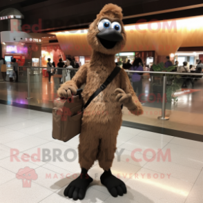 Brown Ostrich mascot costume character dressed with a Jumpsuit and Messenger bags