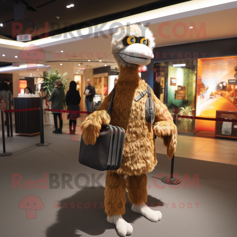 Brown Ostrich mascot costume character dressed with a Jumpsuit and Messenger bags