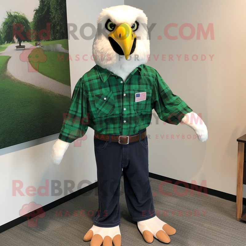 Forest Green Bald Eagle mascot costume character dressed with a Dress Shirt and Belts