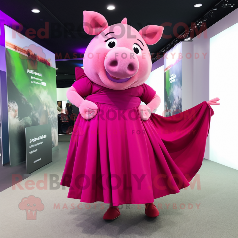 Magenta Pig mascot costume character dressed with a Maxi Skirt and Belts