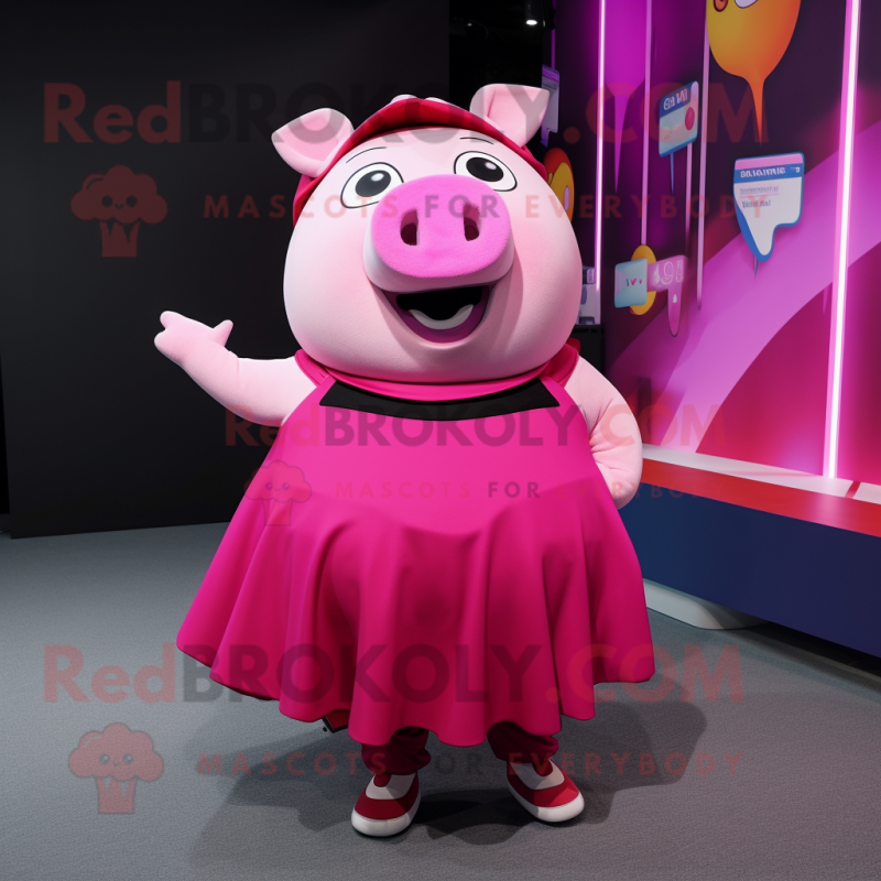 Magenta Pig mascot costume character dressed with a Maxi Skirt and Belts