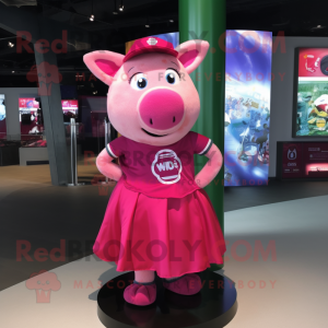 Magenta Pig mascot costume character dressed with a Maxi Skirt and Belts