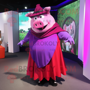 Magenta Pig mascot costume character dressed with a Maxi Skirt and Belts