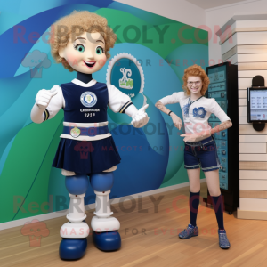 Navy Irish Dancer mascot costume character dressed with a T-Shirt and Smartwatches