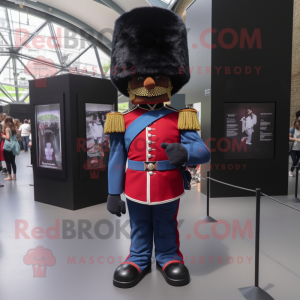 Black British Royal Guard mascot costume character dressed with a Denim Shorts and Cummerbunds