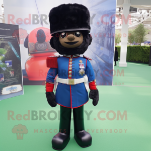 Black British Royal Guard mascot costume character dressed with a Denim Shorts and Cummerbunds