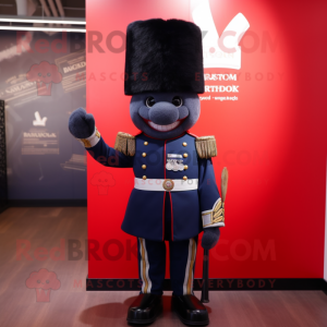 Black British Royal Guard mascot costume character dressed with a Denim Shorts and Cummerbunds