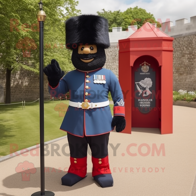 Black British Royal Guard mascot costume character dressed with a Denim Shorts and Cummerbunds