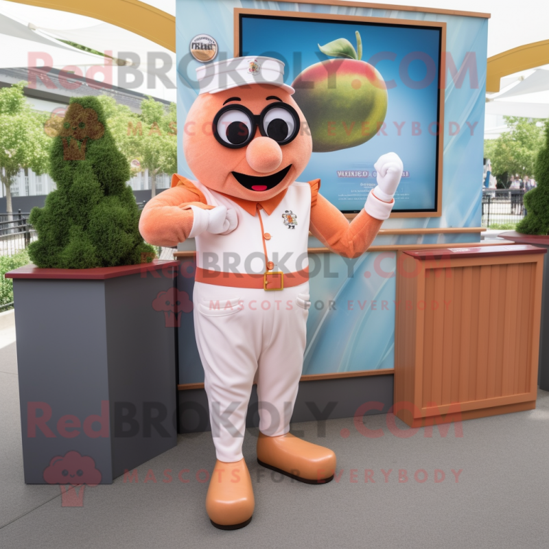Peach Champagne mascot costume character dressed with a Henley Shirt and Bracelet watches