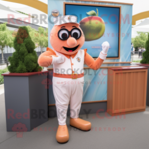 Peach Champagne mascot costume character dressed with a Henley Shirt and Bracelet watches