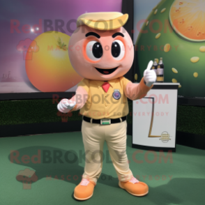 Peach Champagne mascot costume character dressed with a Henley Shirt and Bracelet watches