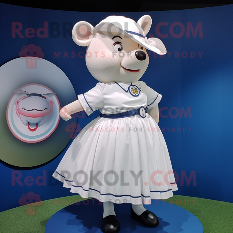 White Sow mascot costume character dressed with a Circle Skirt and Caps