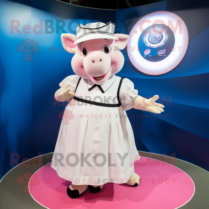 White Sow mascot costume character dressed with a Circle Skirt and Caps