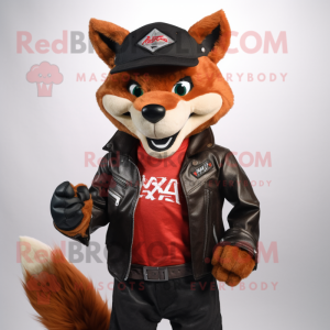 Red Fox mascot costume character dressed with a Biker Jacket and Beanies