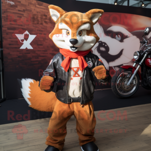 Red Fox mascot costume character dressed with a Biker Jacket and Beanies