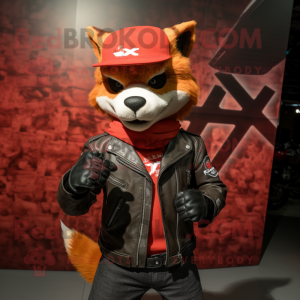 Red Fox mascot costume character dressed with a Biker Jacket and Beanies