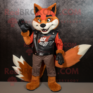 Red Fox mascot costume character dressed with a Biker Jacket and Beanies