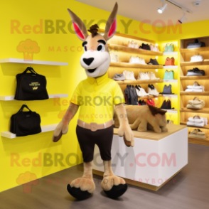 Yellow Donkey mascot costume character dressed with a Shorts and Clutch bags