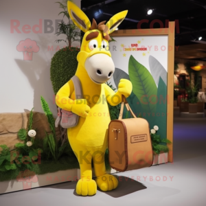 Yellow Donkey mascot costume character dressed with a Shorts and Clutch bags