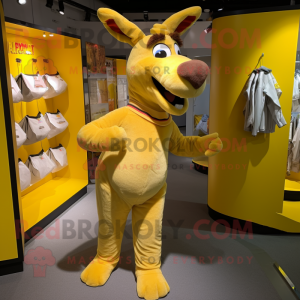 Yellow Donkey mascot costume character dressed with a Shorts and Clutch bags