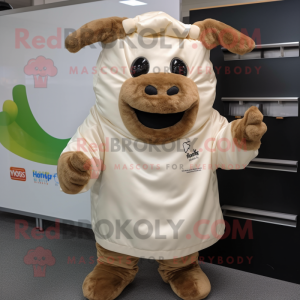 Beige Beef Wellington mascot costume character dressed with a Hoodie and Gloves