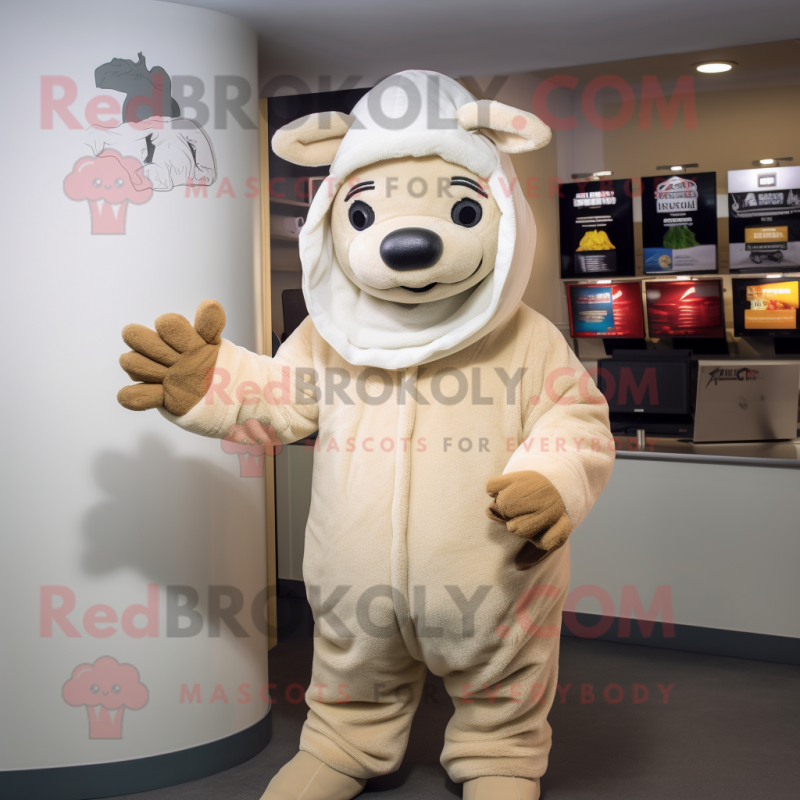 Beige Beef Wellington mascot costume character dressed with a Hoodie and Gloves Beige Beef Wellington mascot costume character dressed with a Hoodie and Gloves