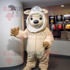 Beige Beef Wellington mascot costume character dressed with a Hoodie and Gloves