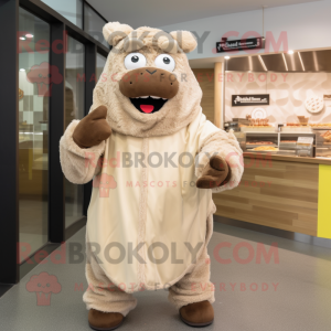 Beige Beef Wellington mascot costume character dressed with a Hoodie and Gloves