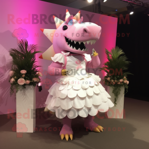 Pink Stegosaurus mascot costume character dressed with a Wedding Dress and Cummerbunds