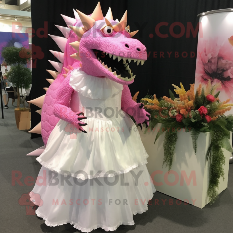 Pink Stegosaurus mascot costume character dressed with a Wedding Dress and Cummerbunds