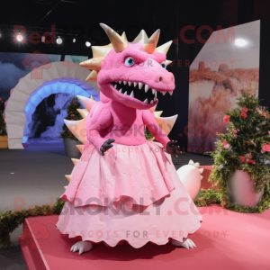 Pink Stegosaurus mascot costume character dressed with a Wedding Dress and Cummerbunds