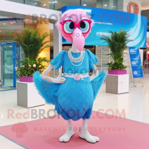 Sky Blue Flamingo mascot costume character dressed with a Skirt and Sunglasses