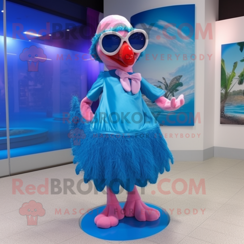 Sky Blue Flamingo mascot costume character dressed with a Skirt and Sunglasses Sky Blue Flamingo mascot costume character dressed with a Skirt and Sunglasses