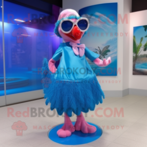 Sky Blue Flamingo mascot costume character dressed with a Skirt and Sunglasses