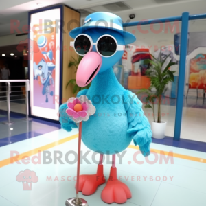 Sky Blue Flamingo mascot costume character dressed with a Skirt and Sunglasses
