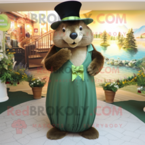 Olive Beaver mascot costume character dressed with a Evening Gown and Hat pins