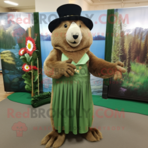 Olive Beaver mascot costume character dressed with a Evening Gown and Hat pins