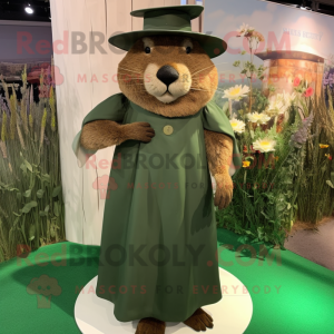 Olive Beaver mascot costume character dressed with a Evening Gown and Hat pins