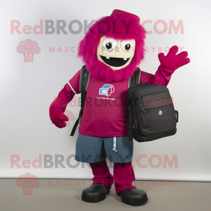 Magenta Computer mascot costume character dressed with a V-Neck Tee and Backpacks