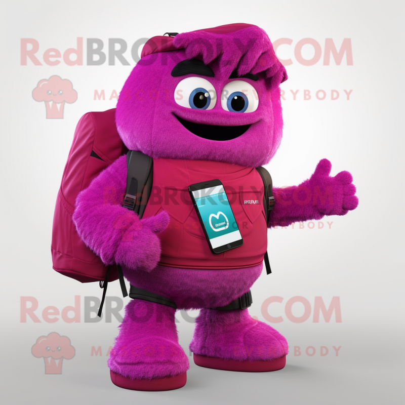 Magenta Computer mascot costume character dressed with a V-Neck Tee and Backpacks