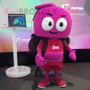 Magenta Computer mascot costume character dressed with a V-Neck Tee and Backpacks