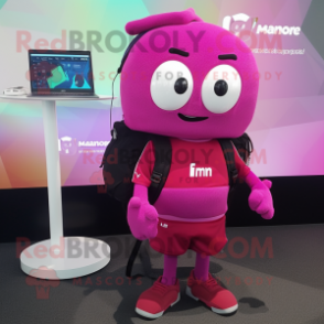 Magenta Computer mascot costume character dressed with a V-Neck Tee and Backpacks